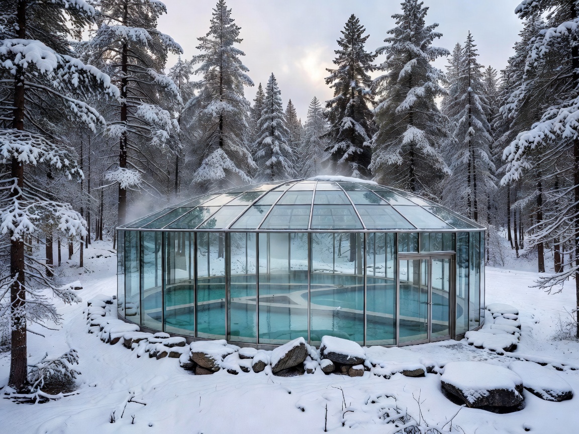 Engadin Glacial Hydro Sanctuary glass pavilion with snow pine forest