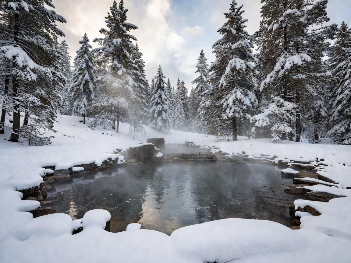 Natural Swiss thermal bath surrounded by snow and pines